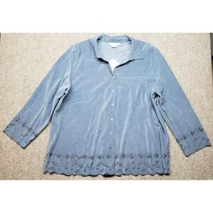 August Max Top Womens Size 2X Blue Collared Eyelet Long Sleeve Button Up New